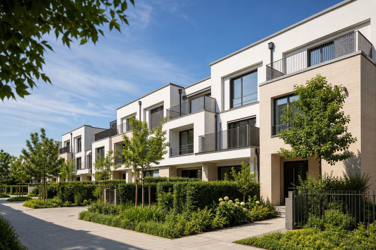 Moderne Stadthäuser mit Balkonen und viel Grün
